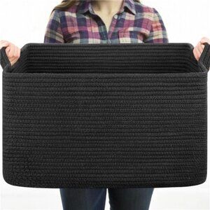 Large Black Woven Blanket Basket Cotton Rope Storage Bin for Toys Towels Laundry